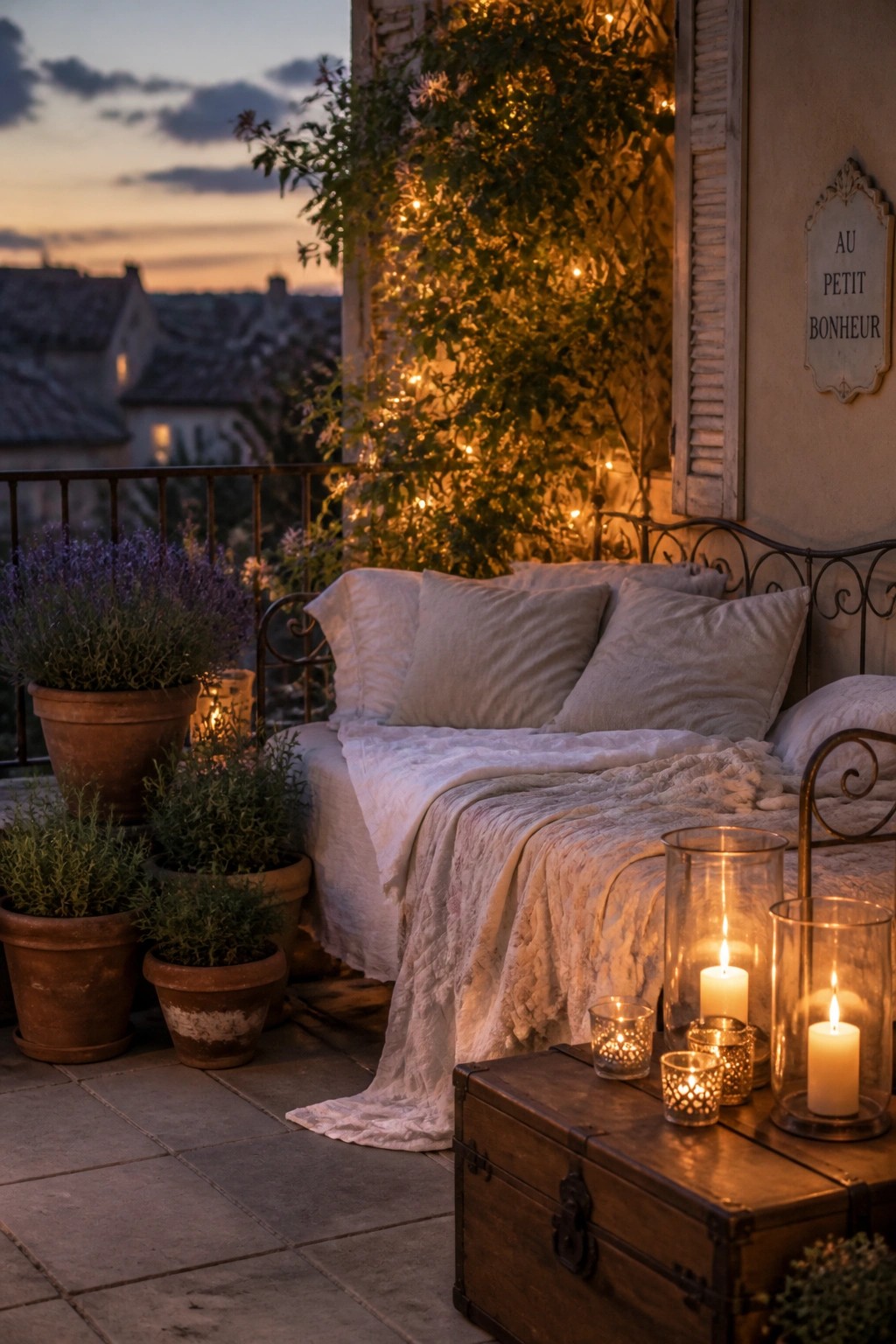 A balcony at dusk with a cushioned bench draped in white linens, surrounded by terracotta pots of lavender and herbs, string lights wrapped in greenery, and several lit candles in glass holders placed on a wooden trunk.