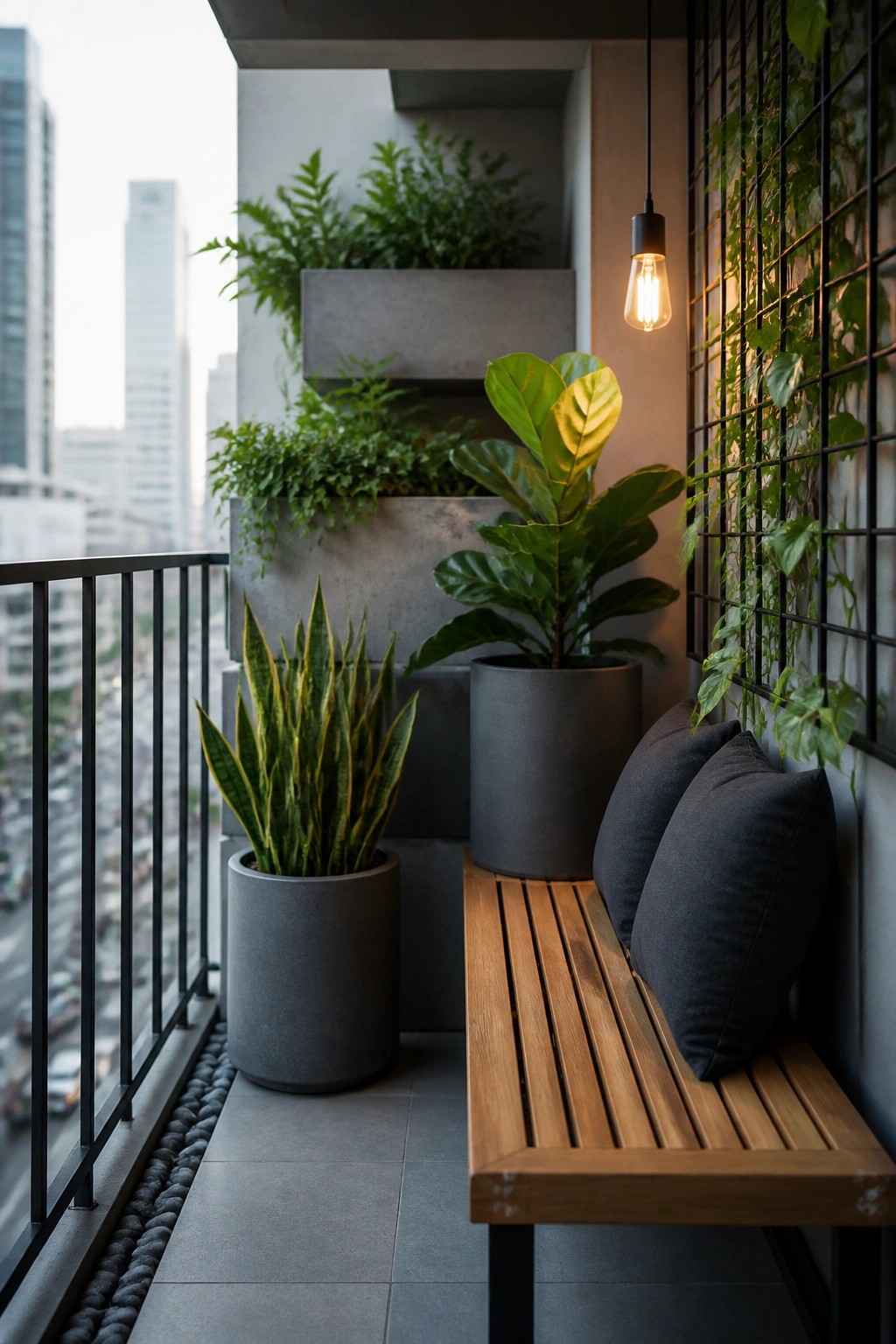 Modern balcony with wooden bench, gray pillows, potted plants, hanging bulb, and city view.