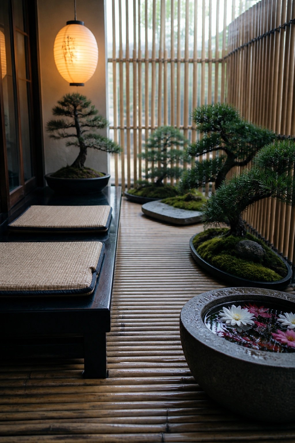 A narrow bamboo walkway lined with bonsai trees in black pots, low tatami seating on a dark platform, a hanging paper lantern, and a stone water basin with flowers in the foreground.