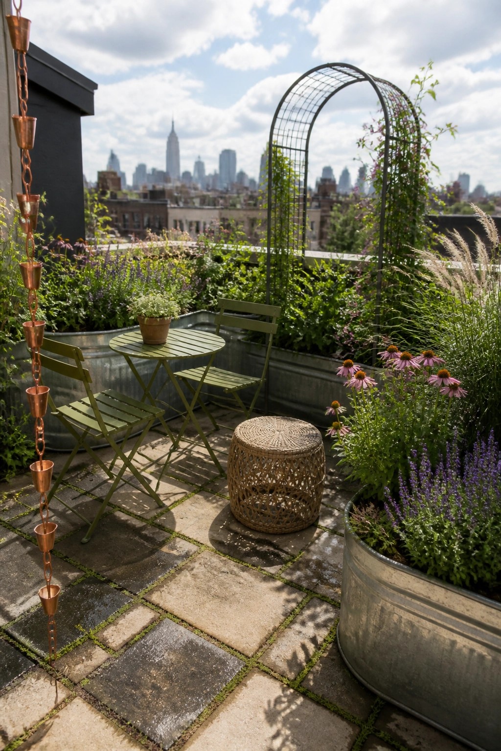 A rooftop balcony with green bistro table and chairs, a woven stool, and several galvanized metal planters holding flowers and greenery, with a city skyline in the background.