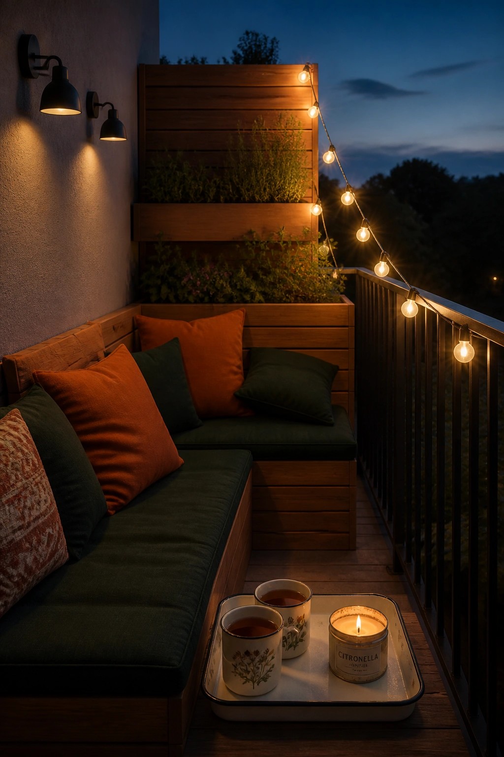 Cozy wooden balcony with green cushions, orange pillows, string lights, and lit candle.