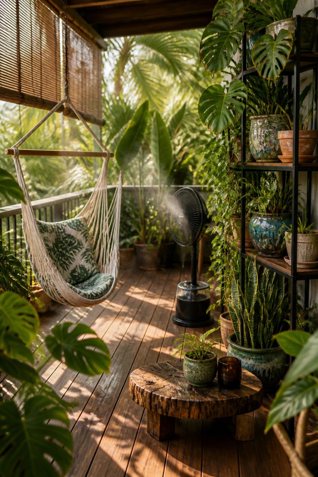 Lush tropical balcony with hanging hammock chair, potted plants, and misting fan on wooden deck.
