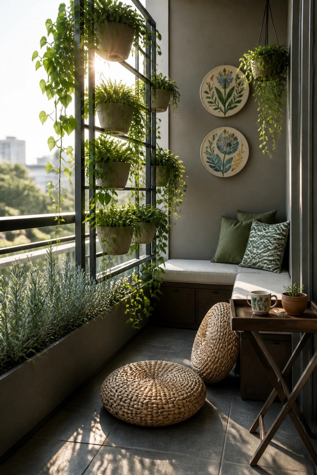 Cozy balcony with hanging plants, woven poufs, cushioned bench, and wooden tray table.