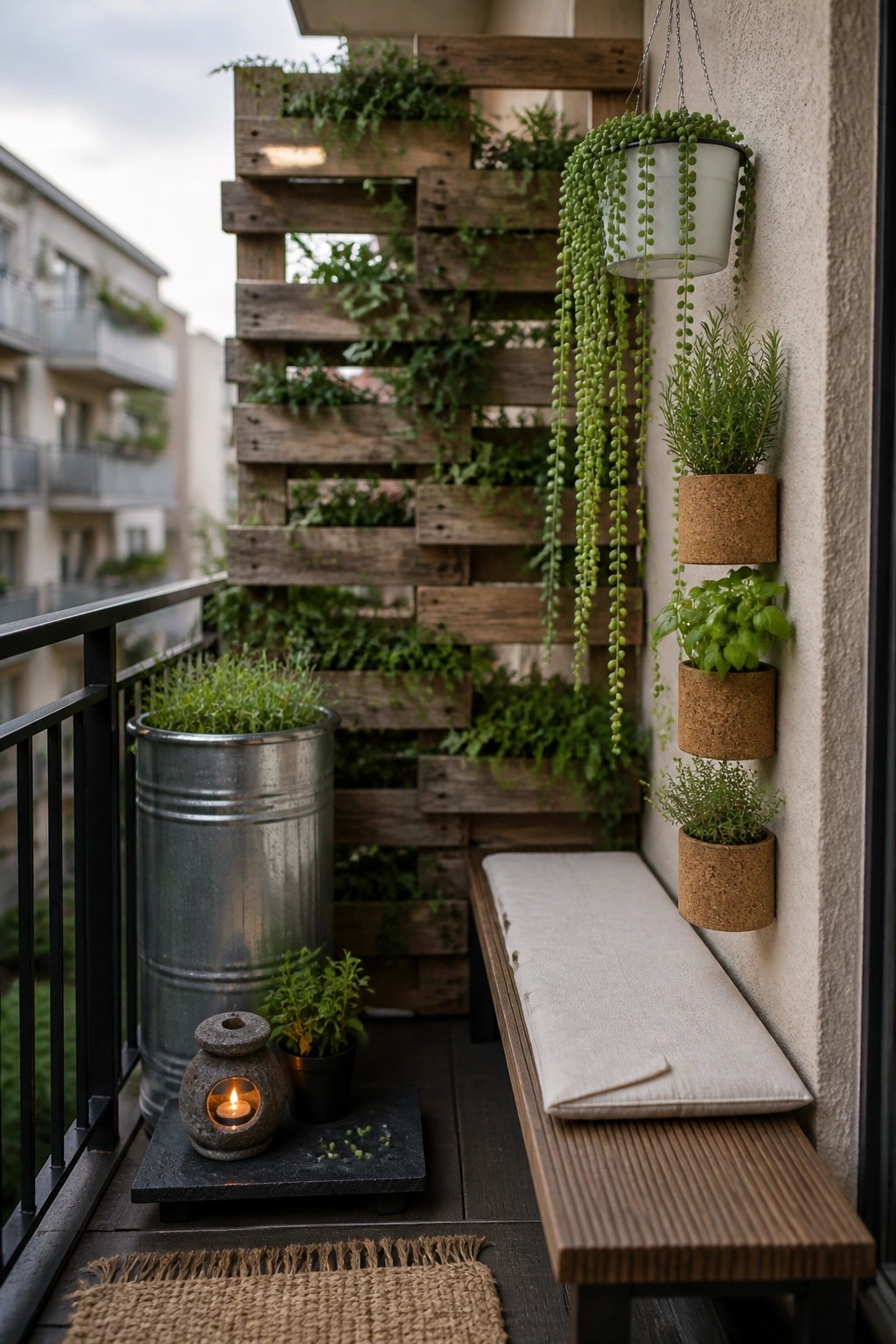 A small balcony features a vertical wooden pallet garden filled with green plants, a cushioned bench against the wall, hanging string of pearls in a white pot, and several cork-mounted planters with herbs.