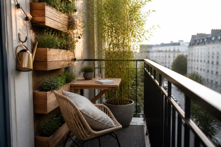 A narrow balcony features a woven chair with a cushion, a small wooden table, string lights along the railing, and several potted plants including a tall bamboo in a black container plus wooden wall-mounted planters.