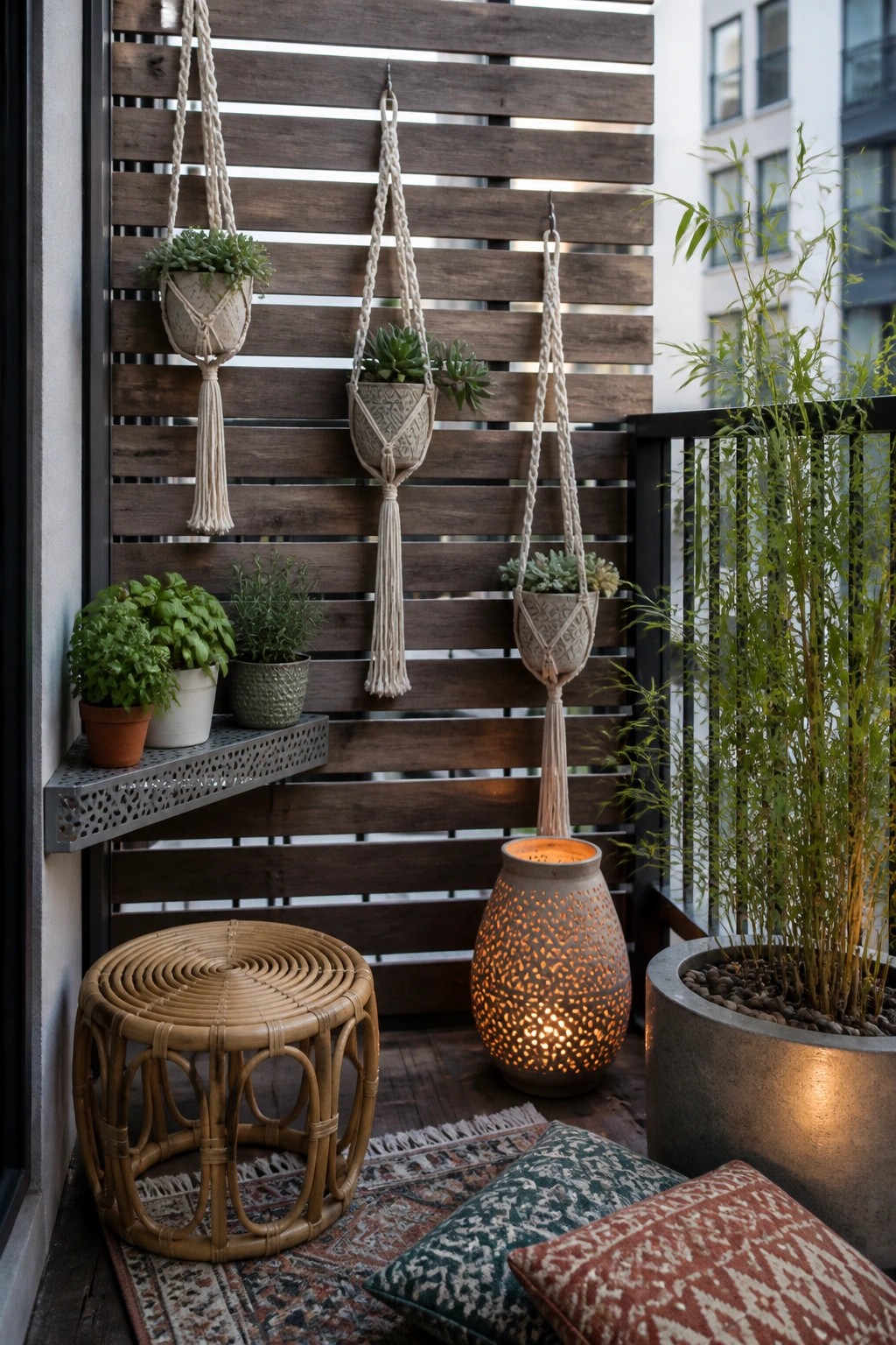 A balcony with a dark wooden slat wall holding several macrame hanging planters, a lit ceramic lantern on the floor, a wicker stool, patterned cushions, and a large potted plant to the right.