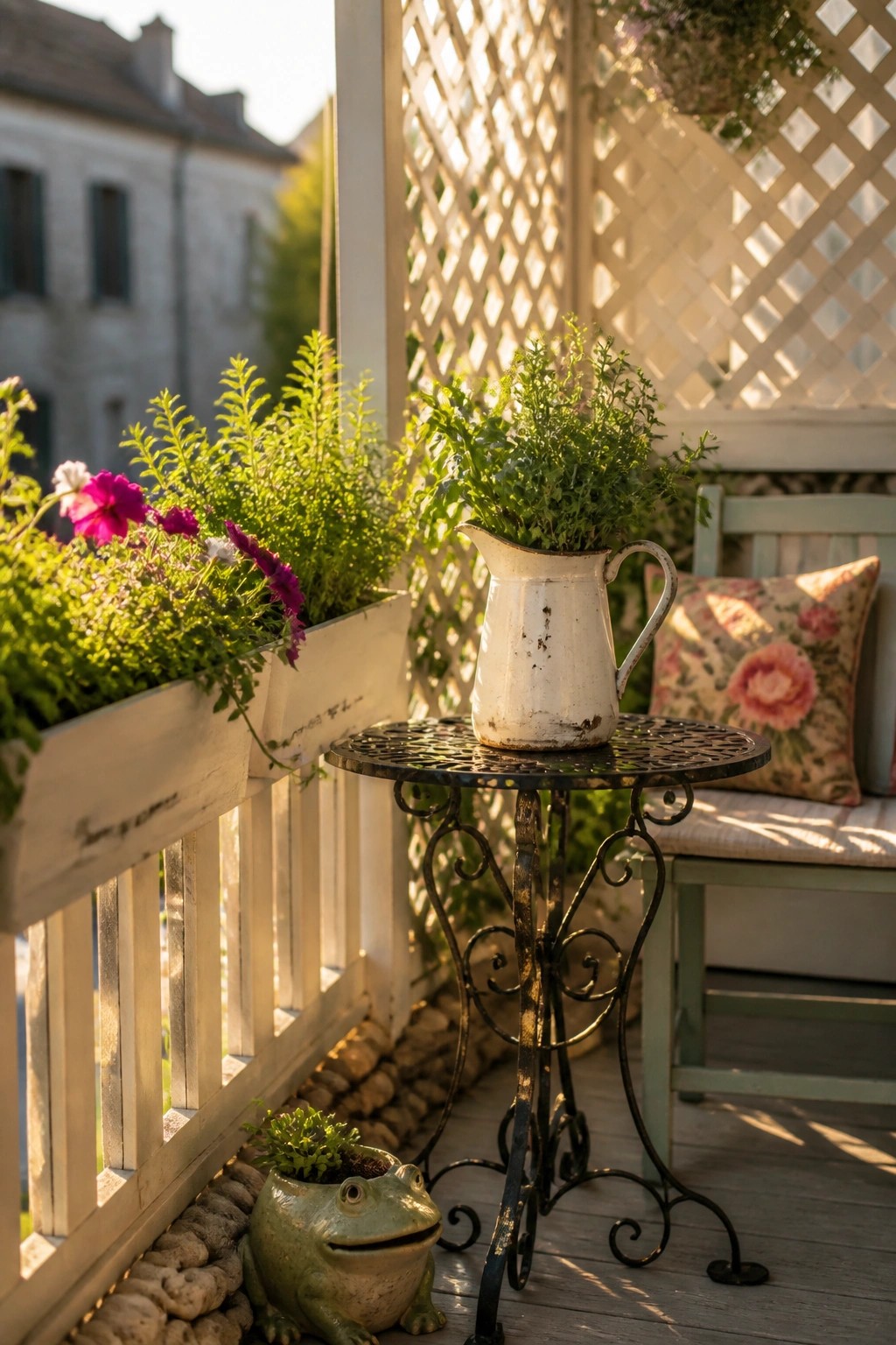 A wooden balcony with a white lattice screen, a metal table holding a white pitcher of plants, and a planter box of flowers attached to the railing.