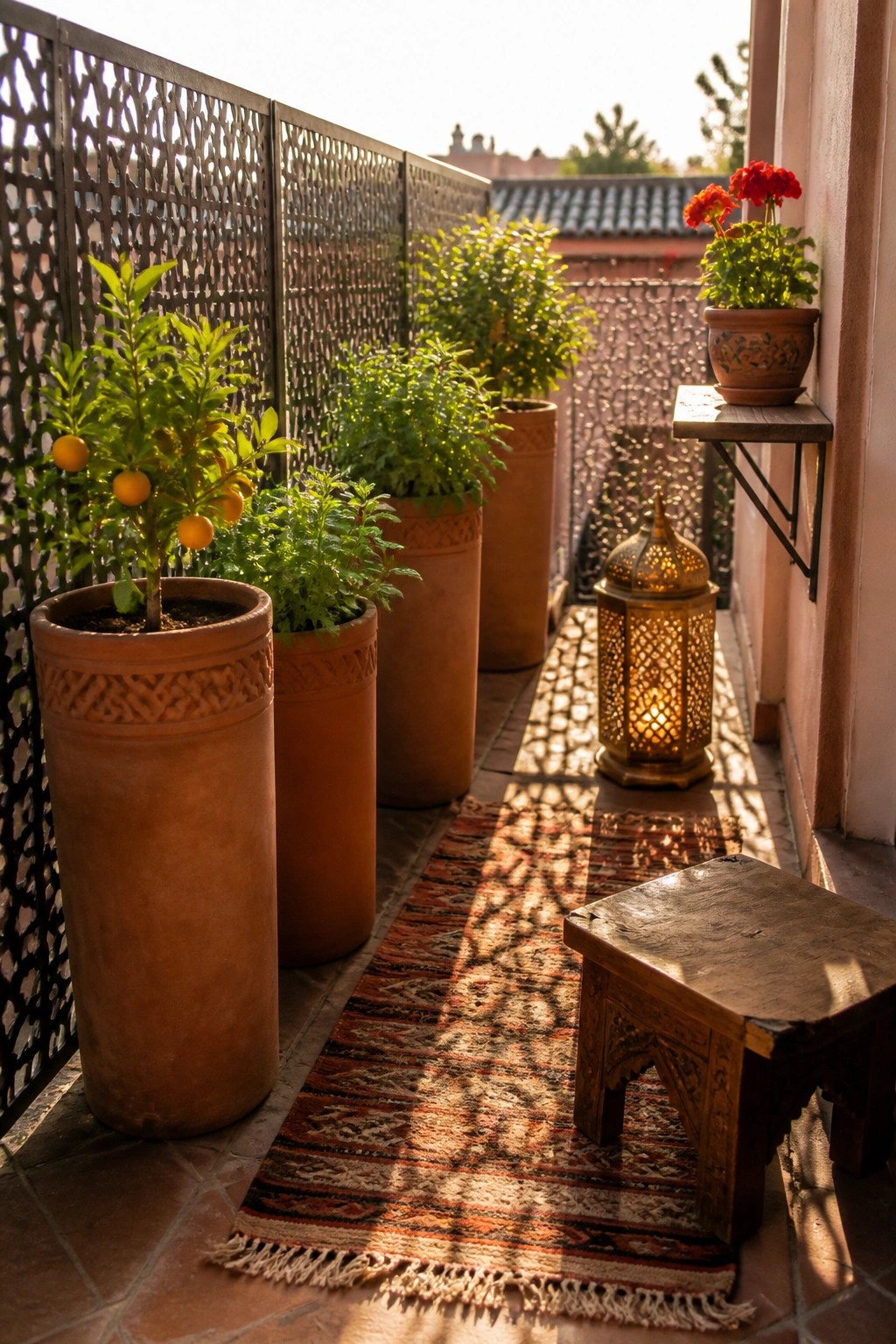 A balcony with terracotta pots holding plants, a lit metal lantern, a patterned rug, a wooden stool, and a decorative lattice screen on the side.