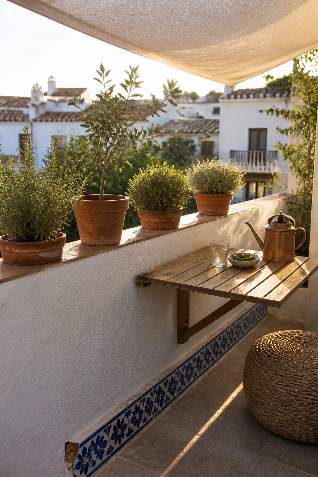 A balcony with terracotta pots of various plants arranged along a white ledge, a wooden fold-down table holding a glass and bowl, and a woven stool on the tiled floor.