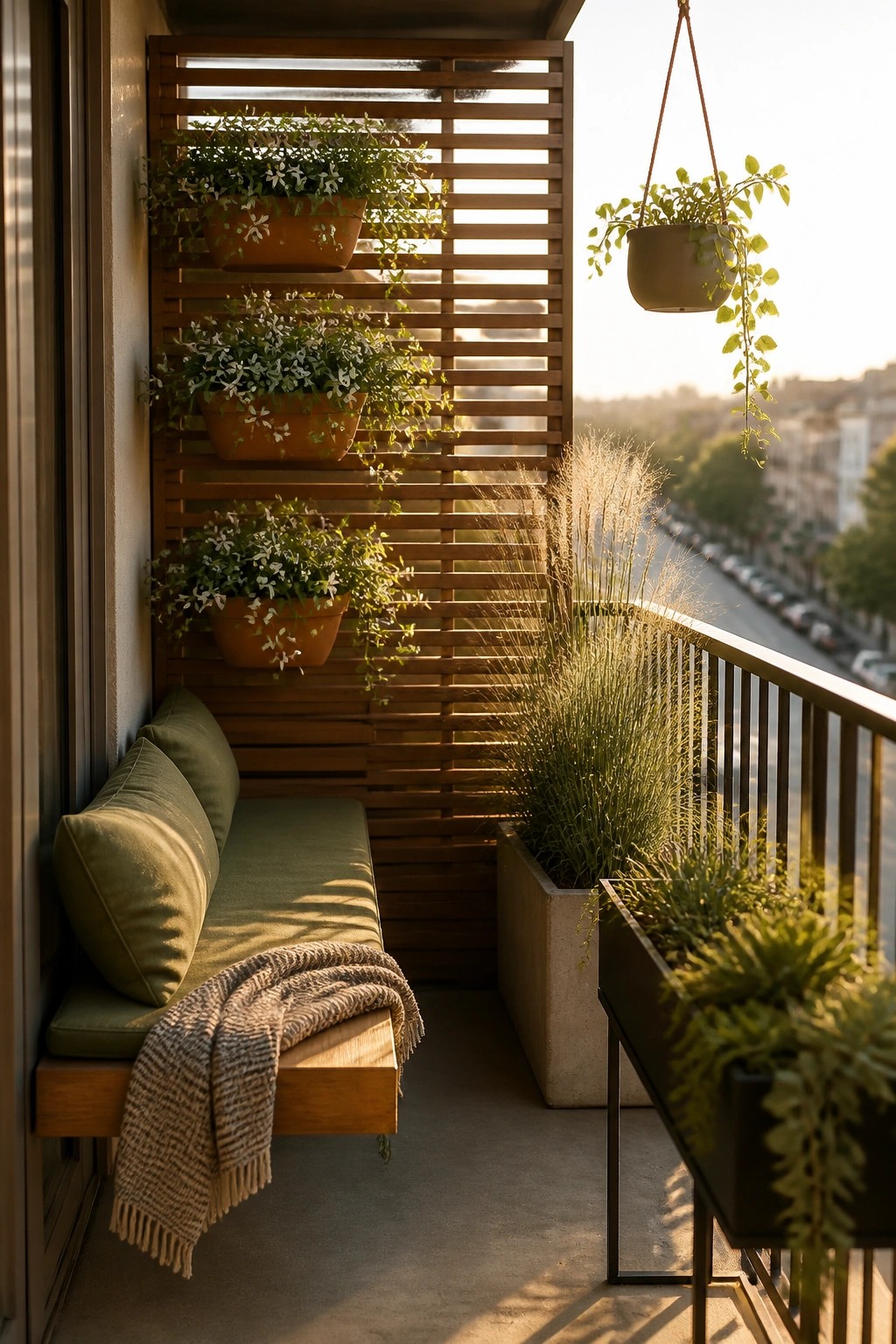 A balcony corner with a wooden slatted screen holding three terracotta planters with trailing plants, a built-in bench with green cushions, and a long planter along the railing.