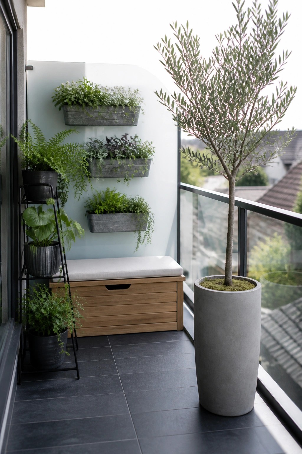 Balcony view showing three staggered metal wall planters with greenery, a wooden storage bench with cushion, black plant stands with pots on the left, and a tall tree in a large concrete pot on the right.