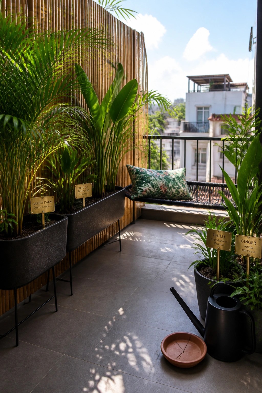 A balcony corner with a vertical bamboo screen, long dark planters holding tall palm and broad-leaf plants, a woven bench with a patterned cushion, and a watering can with a clay saucer on the tiled floor.
