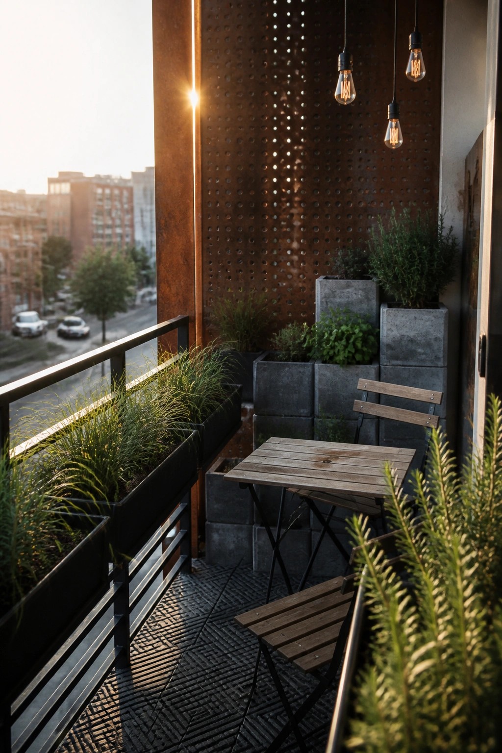 A small urban balcony with a wooden table and chairs, concrete block planters with greenery, and a tall perforated metal screen on one wall.