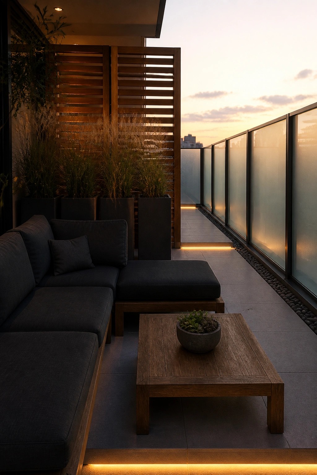 A modern balcony with dark sectional sofa, wooden coffee table, tall slatted wood screen, and potted grasses along one side, plus glass railings at dusk.
