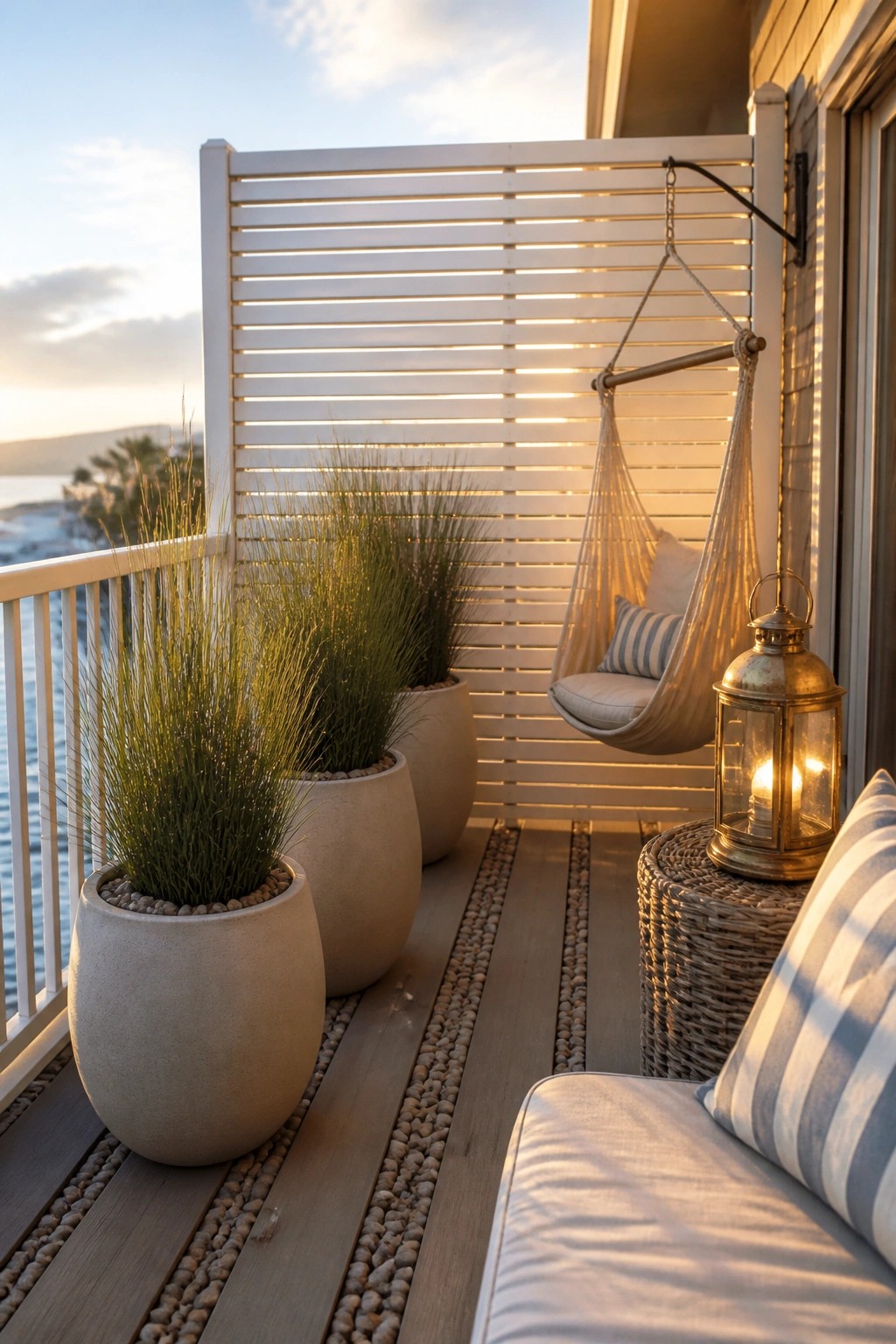 A balcony with large potted grasses, a hanging chair, a lit lantern on a wicker stool, and a white horizontal slat privacy screen.