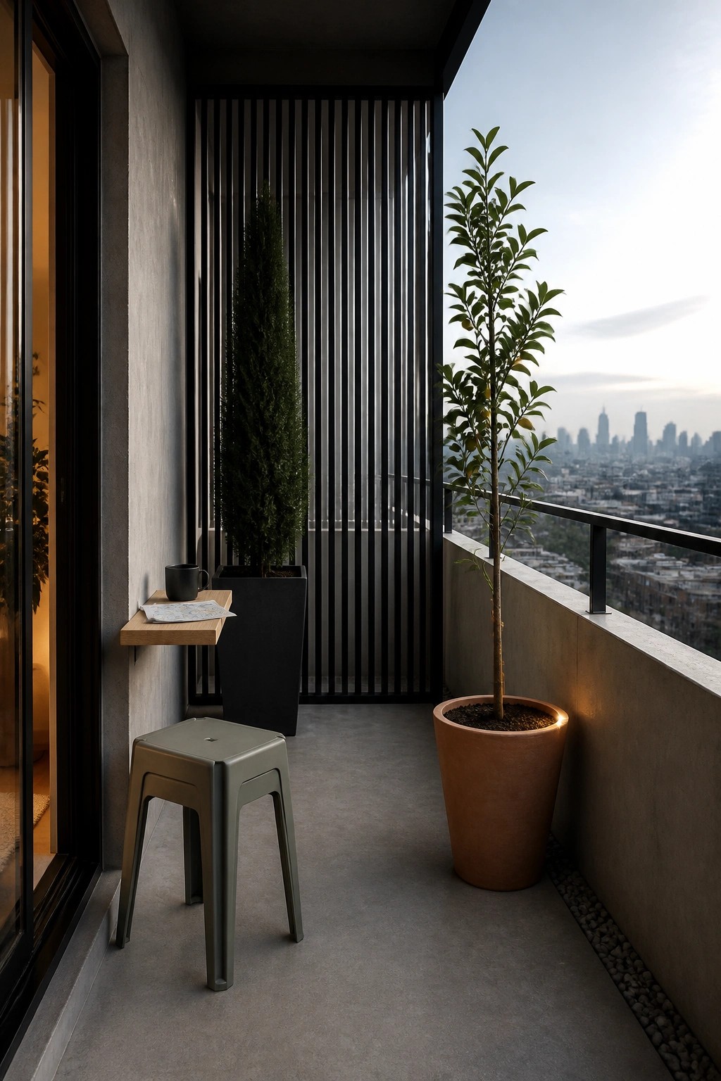 Modern balcony with gray stool, wooden table, mug, potted trees, and city skyline view