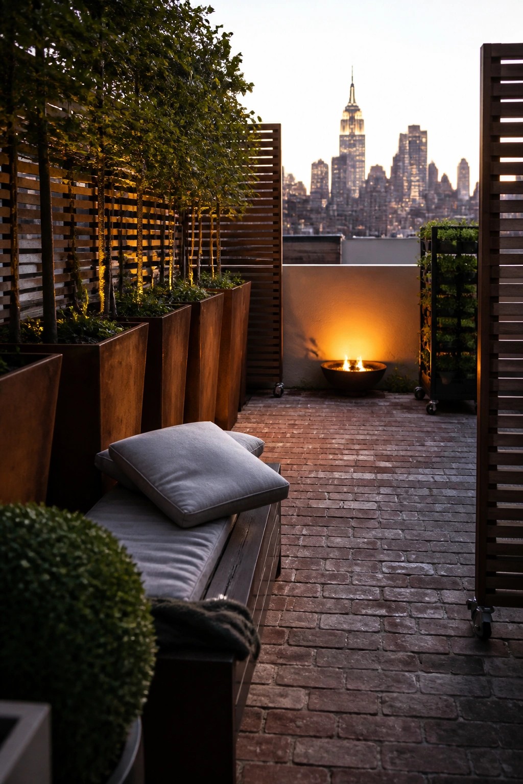 Rooftop terrace with brick floor, fire pit, planters, bench, and glowing NYC skyline at dusk.