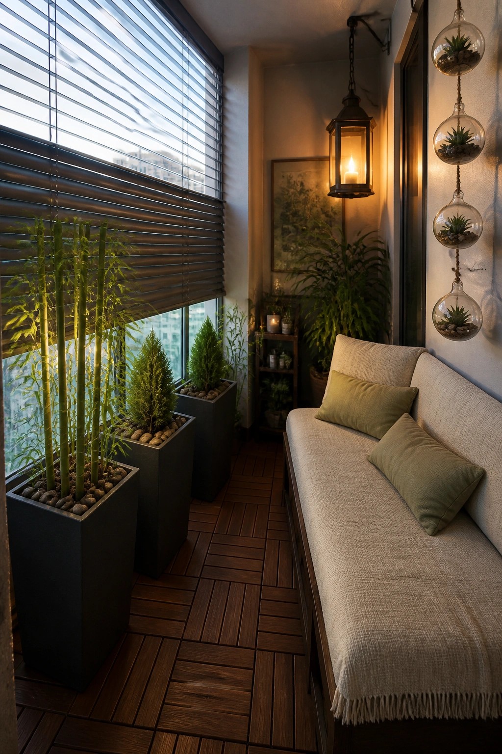 A narrow balcony with a cushioned bench, tall plants in large dark pots by the window, and hanging glass planters on the right wall.