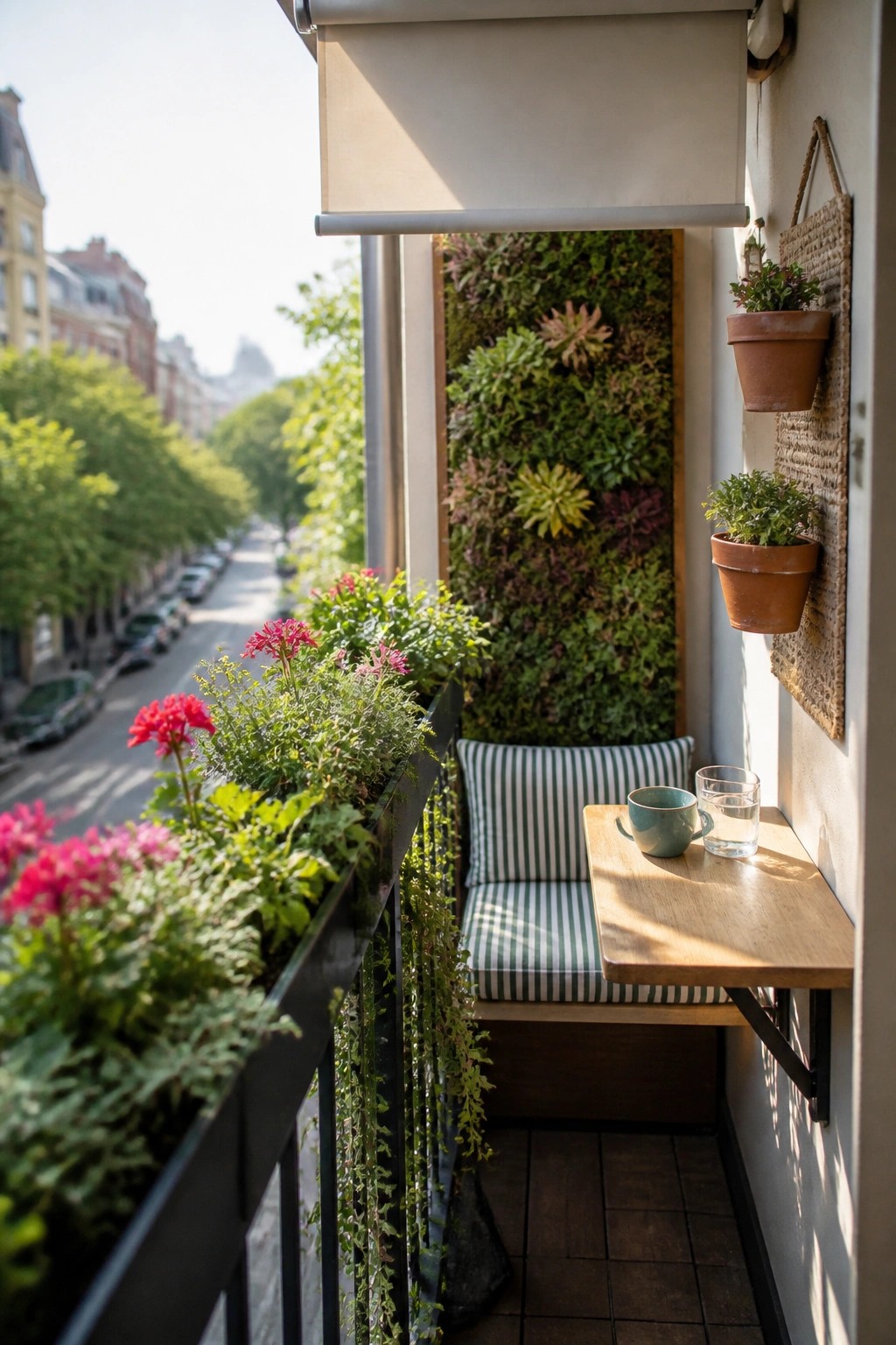 A small balcony features a vertical living wall covered in green and purple plants, a striped cushion bench, a fold-down wooden table with a cup and glass, and potted plants on the railing and side wall.