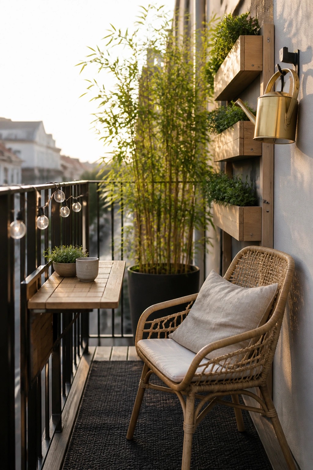 A narrow balcony features a woven chair with a cushion, a small wooden table, string lights along the railing, and several potted plants including a tall bamboo in a black container plus wooden wall-mounted planters.