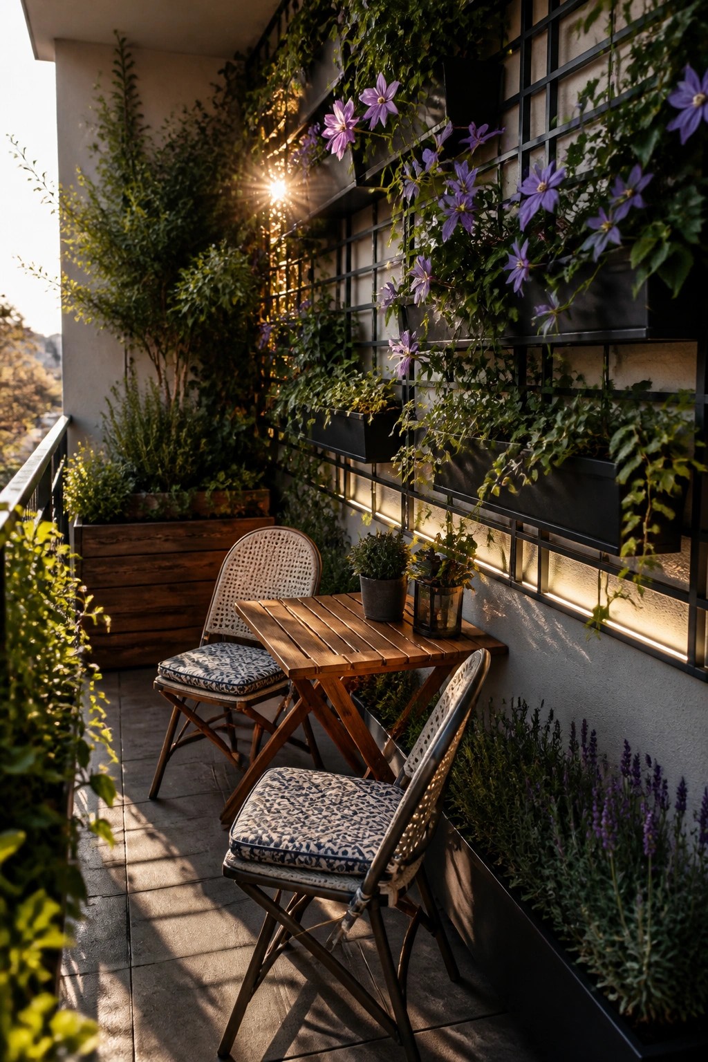 A balcony with a small wooden table and two chairs next to a black grid wall holding multiple planters filled with green vines and purple flowers.