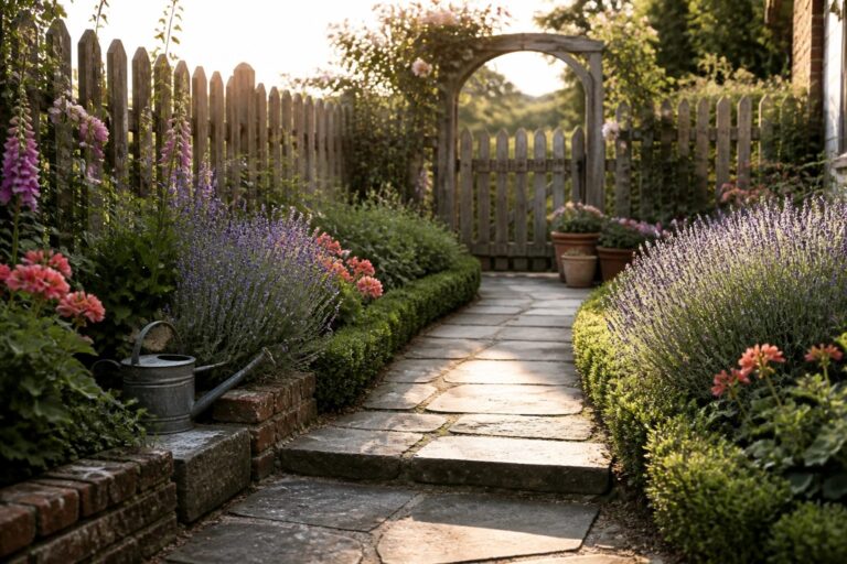 A stone garden path curves between layered flower beds with purple blooms and pink flowers, bordered by brick edging and leading toward a wooden gate under a rose-covered arch.