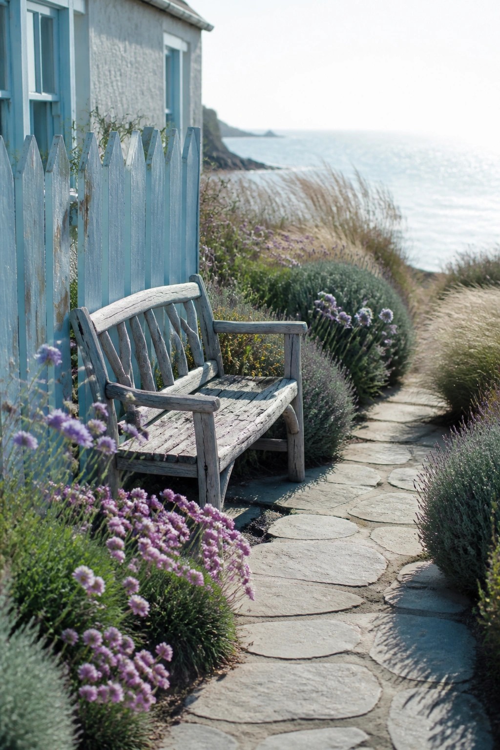 A weathered wooden bench beside a light blue picket fence next to a stone path lined with purple flowers, green shrubs, and tall grasses, with the ocean visible in the background.