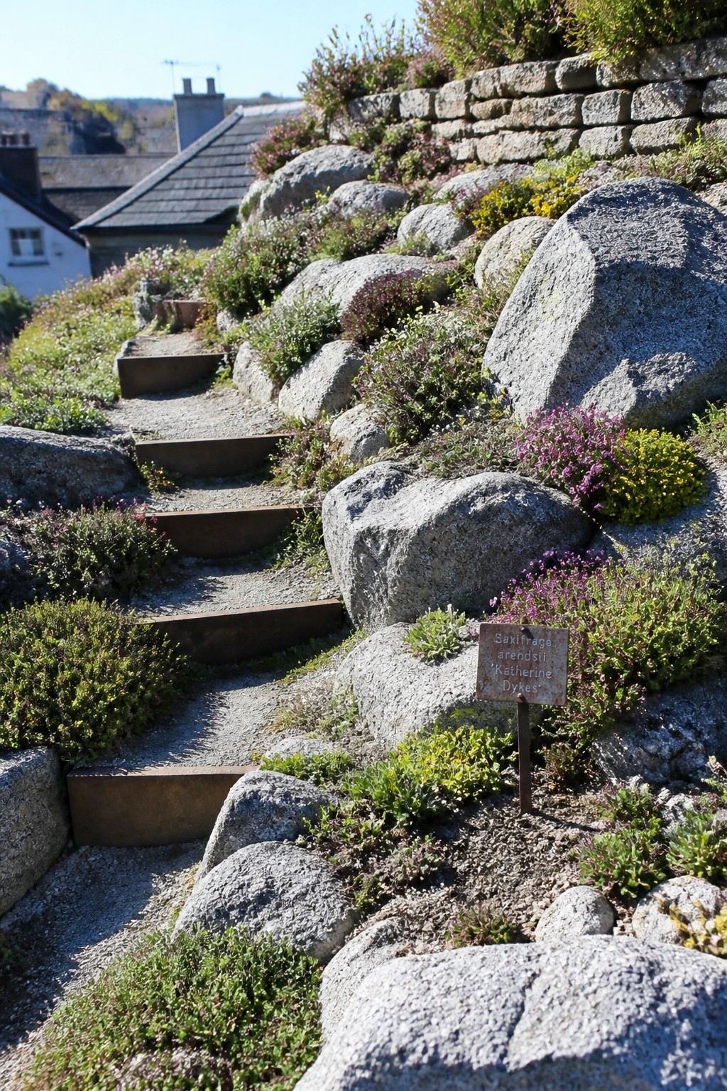 A sloped garden path with metal-edged steps, large gray boulders, and dense plantings of green shrubs and purple flowers.