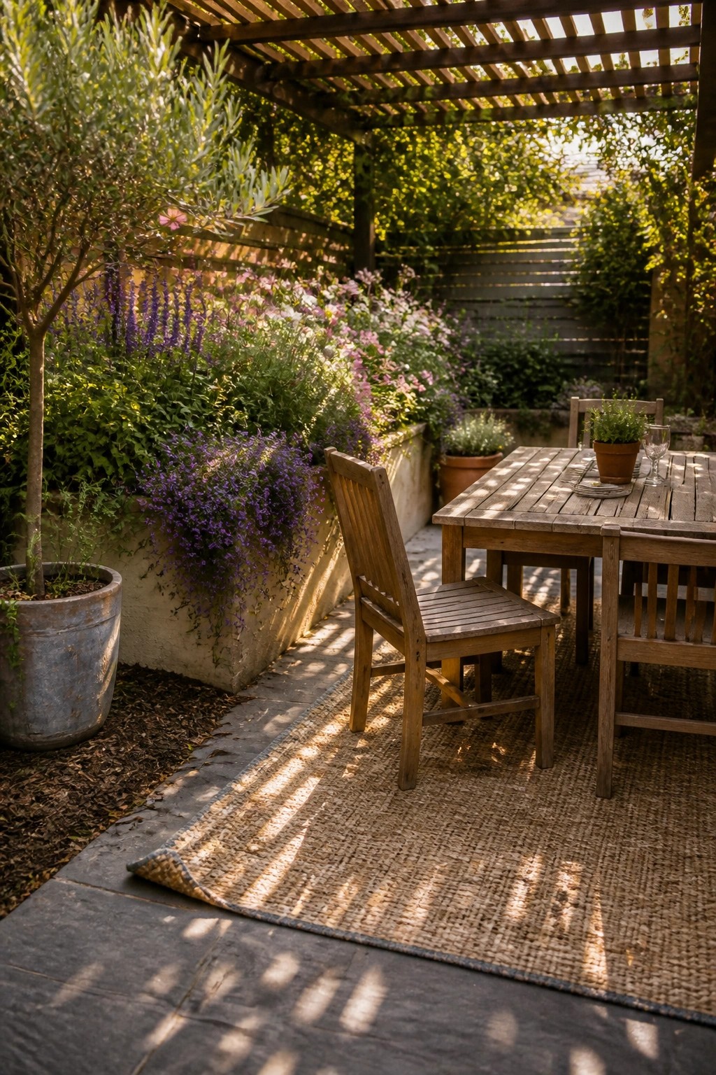 A wooden dining table and chairs sit on a woven rug next to a raised garden bed filled with layered plants including purple flowers, green shrubs, and a potted tree under a pergola.