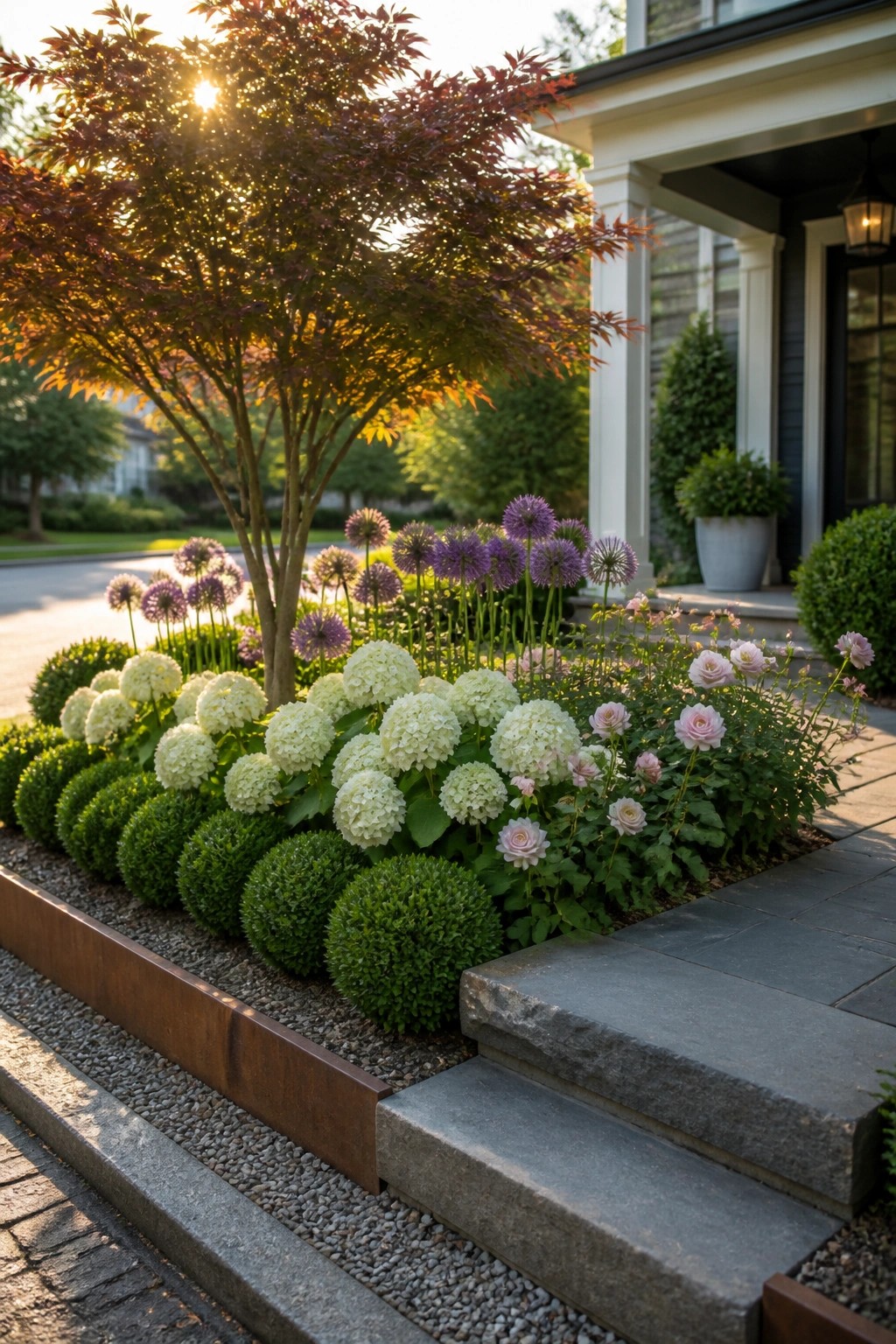 A landscaped garden bed shows layered plants with low green shrubs in front, white hydrangeas in the middle, and taller purple flowers behind, next to stone steps and a house entrance.