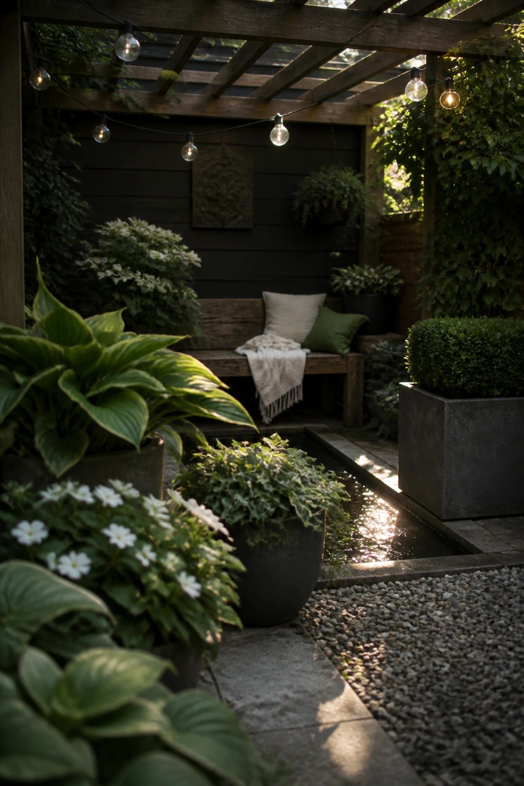 A small enclosed garden with layered plants of varying heights around a narrow water channel, a wooden bench under a pergola, and string lights overhead.