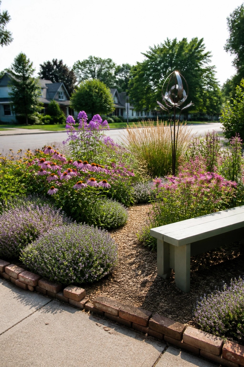 Garden with purple flowers, metal sculpture, white bench, and brick border.