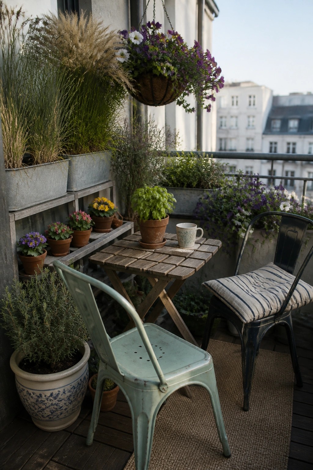 A furnished balcony with a small wooden table, two metal chairs, multiple potted plants on tiered shelves, and a hanging basket of flowers.