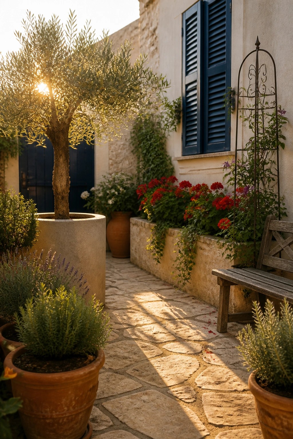 Sunlit stone path with potted olive tree, lavender, red flowers, wooden bench, and blue shutters.