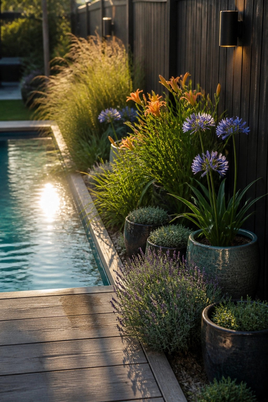 A swimming pool edge lined with ceramic pots holding flowering plants in orange, blue, and purple tones next to a wooden deck and dark fence.