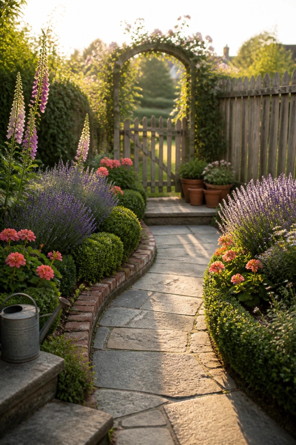 A stone garden path curves between layered flower beds with purple blooms and pink flowers, bordered by brick edging and leading toward a wooden gate under a rose-covered arch.