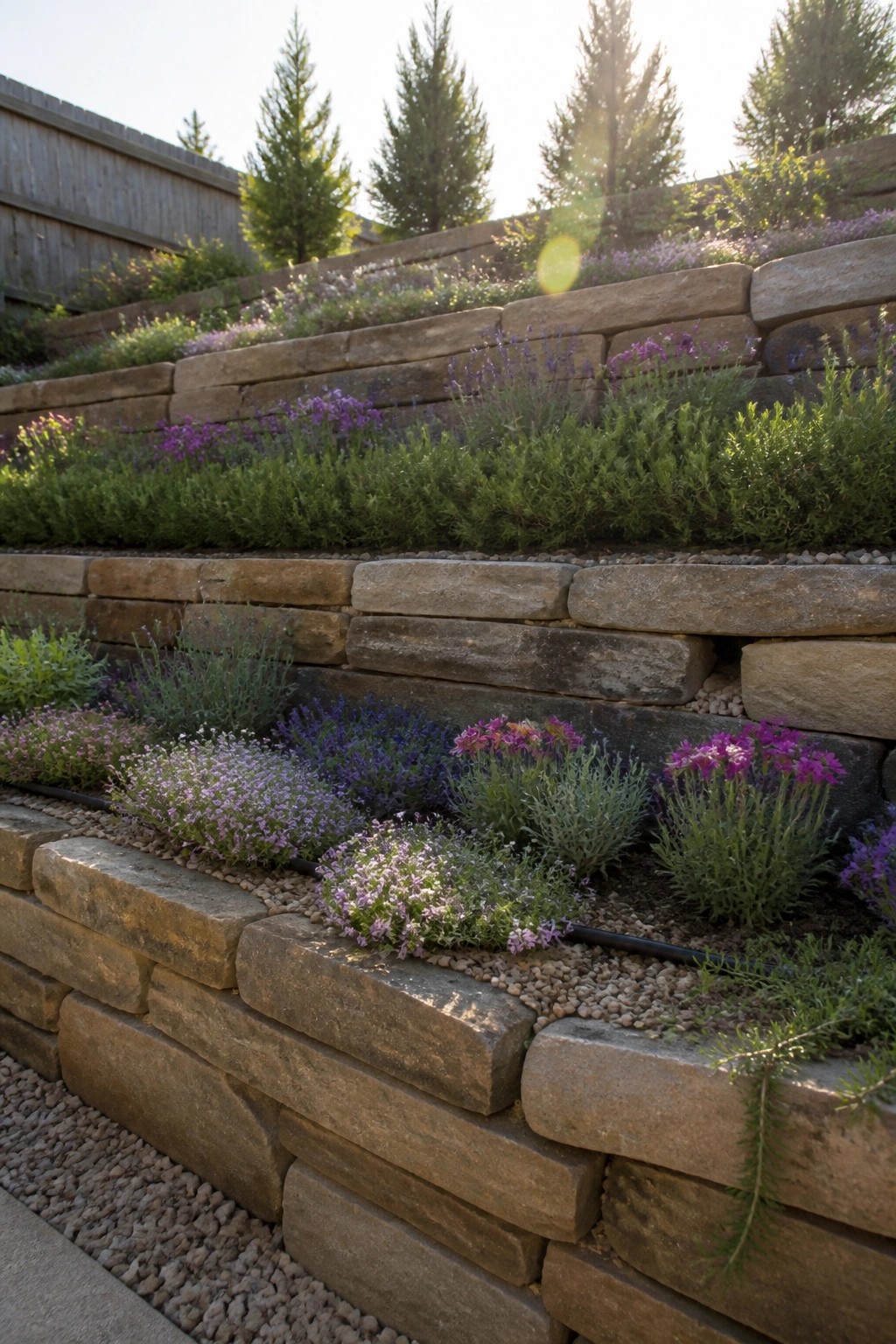 A terraced garden with multiple levels of stone retaining walls filled with layered green shrubs and purple flowering plants.