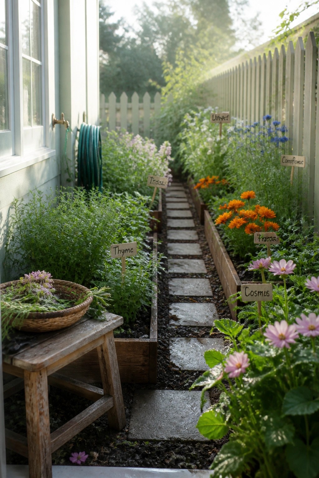 Lush garden path lined with wooden raised beds of labeled flowers and herbs.
