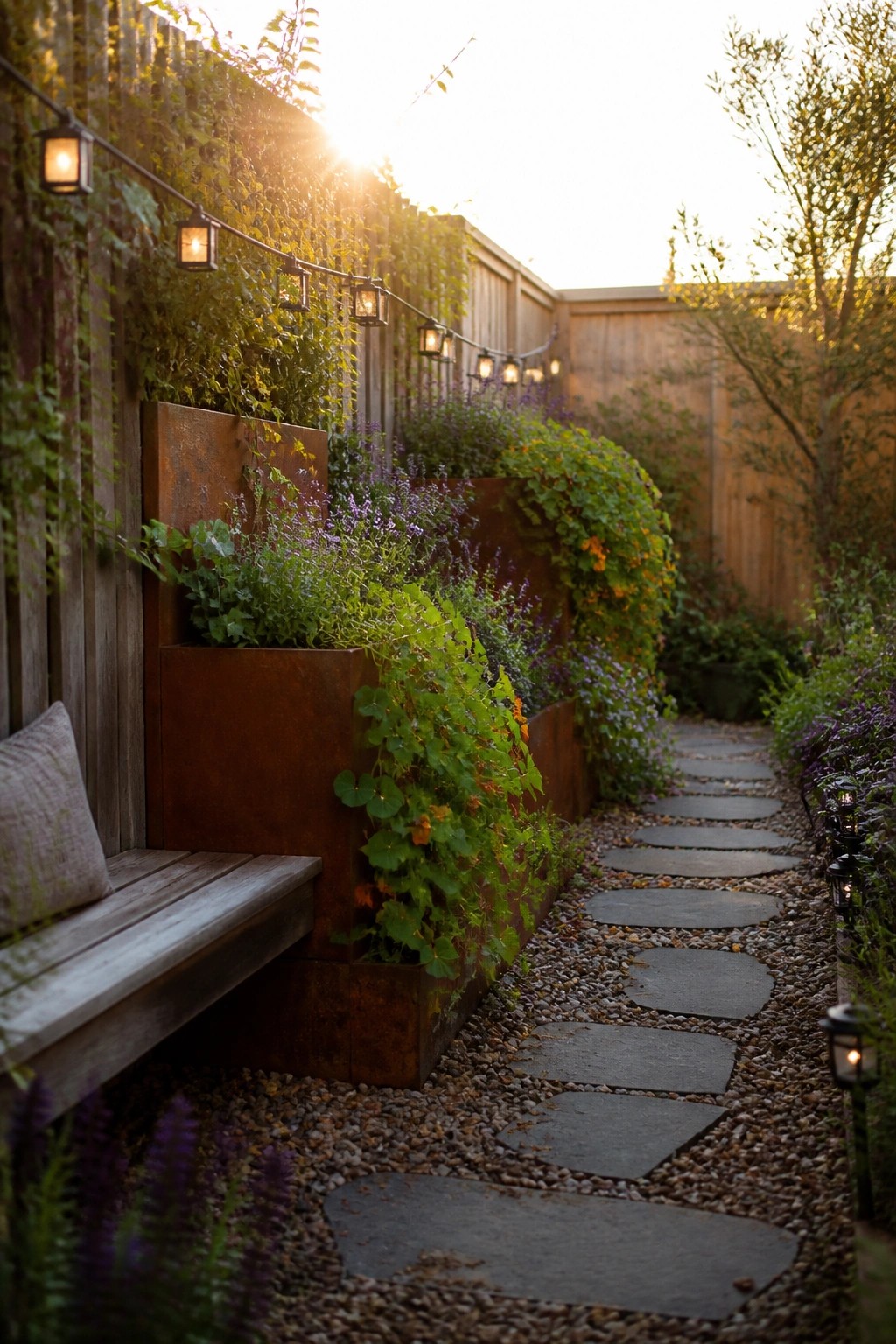 A narrow garden path of irregular stone slabs on gravel runs beside raised rusted metal planters overflowing with green foliage and purple flowers, set against a wooden fence with string lights above.