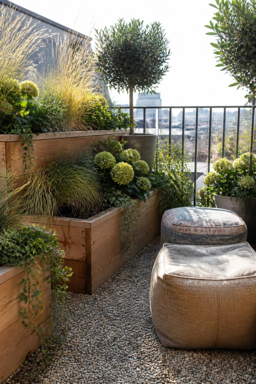 A rooftop terrace with multiple wooden raised planters holding layered green plants and flowers, gravel flooring, two fabric ottomans, and a metal railing with a city view.
