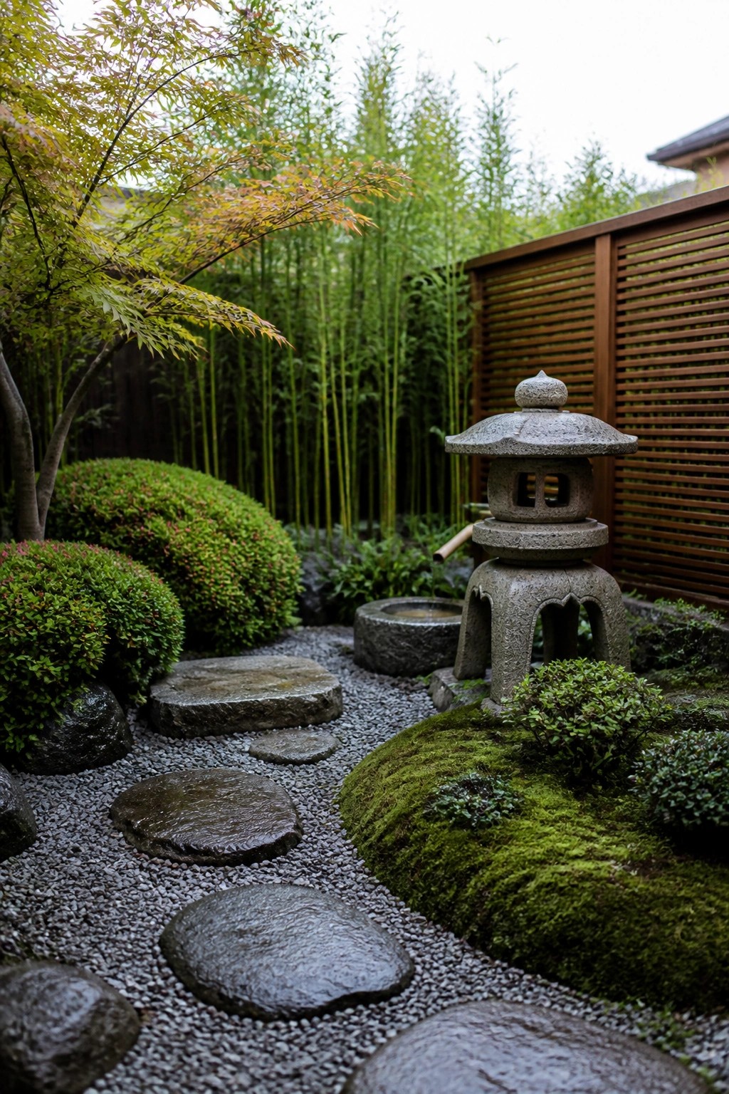 A garden scene with a gravel path, large stepping stones, a stone lantern, mossy ground cover, and surrounding green shrubs and bamboo.