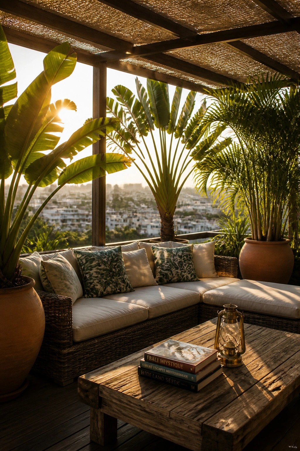 A covered balcony with a woven sectional sofa, wooden coffee table, and several large potted tropical plants overlooking a city at sunset.