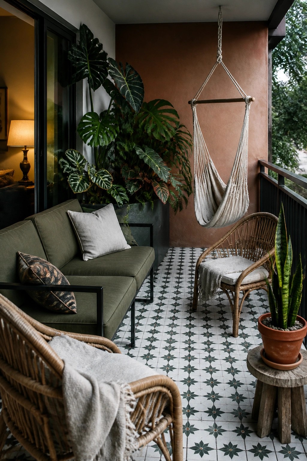 A furnished balcony with a green sofa, wicker chairs, hanging hammock chair, large tropical plants in pots, and patterned tile flooring.