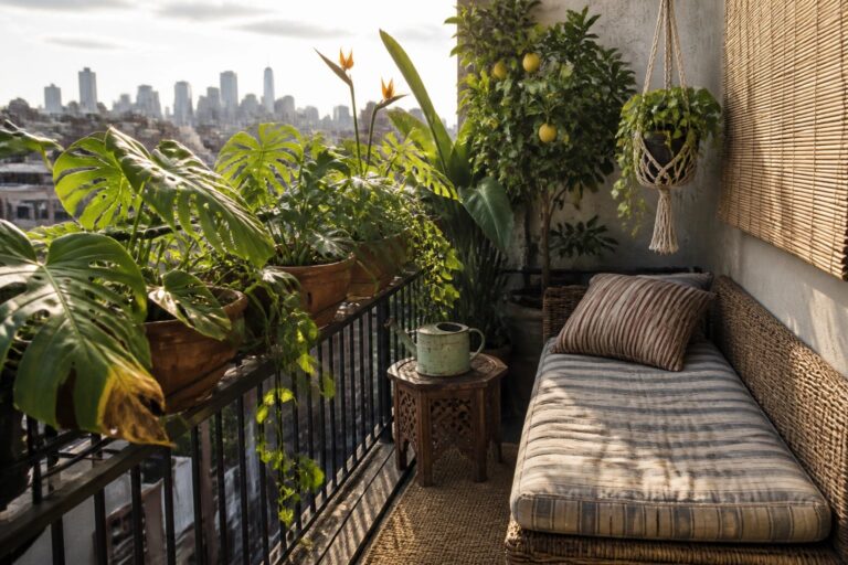 18 Lush Tropical Balcony Garden Ideas Using Bold Leaves and Vacation-Style Texture Lush balcony with monstera plants, striped daybed, wooden deck, overlooking city skyline at sunset.