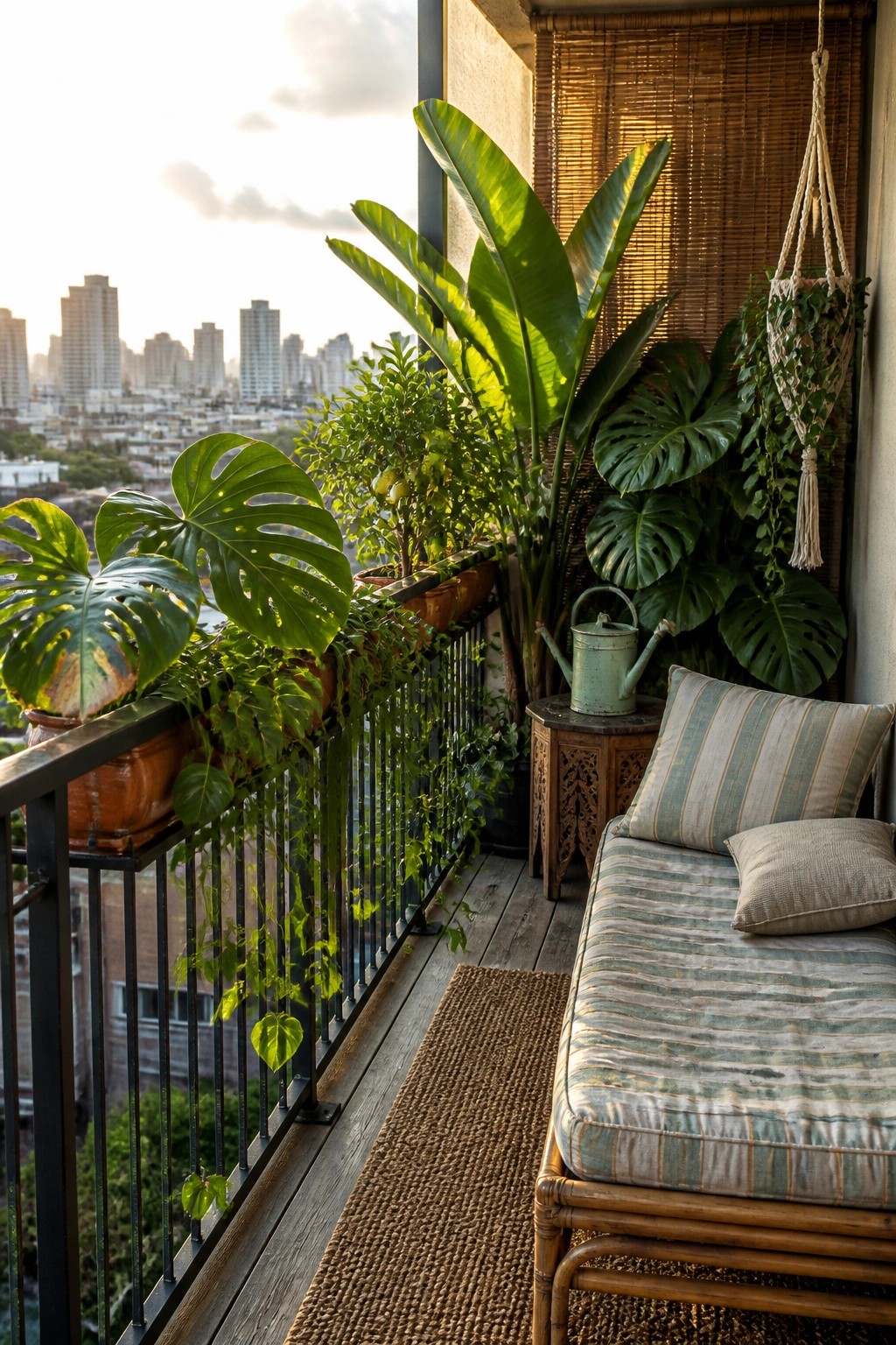 Lush balcony with monstera plants, striped daybed, wooden deck, overlooking city skyline at sunset.