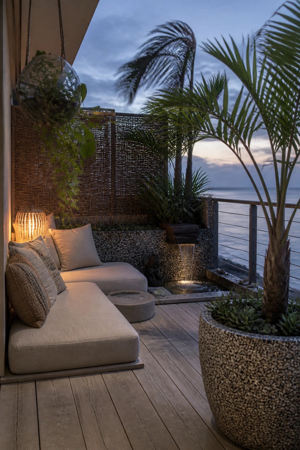 Twilight ocean-view patio with beige sofa, palms, stone fountain, and tropical plants