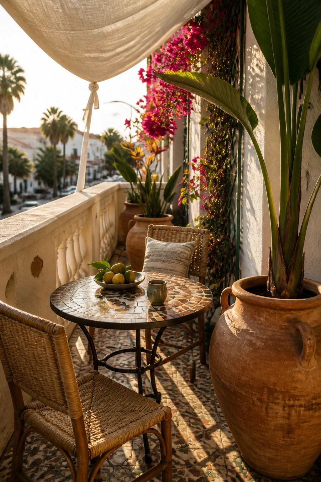 A balcony furnished with wicker chairs and a mosaic table, featuring multiple large terracotta pots holding tropical plants with bold green leaves and bright pink flowers.