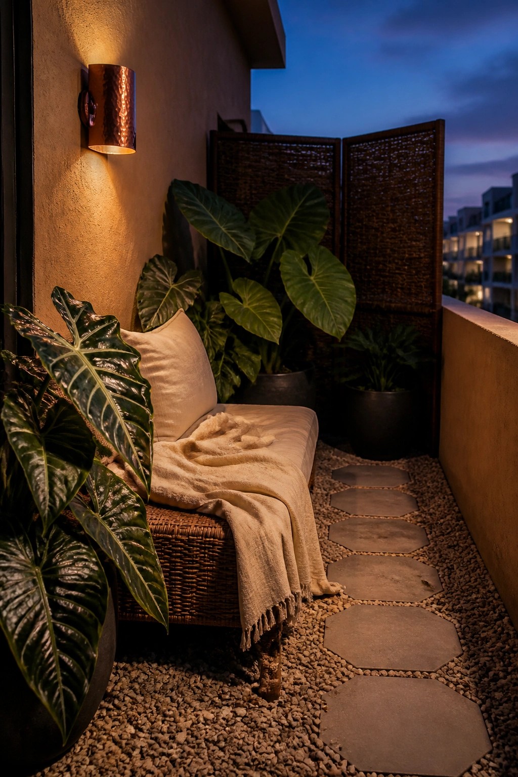 A balcony seating area at dusk with a woven bench draped in a beige throw, large tropical plants with glossy leaves in dark pots, a copper wall sconce, woven privacy screen, and stone pavers on gravel.