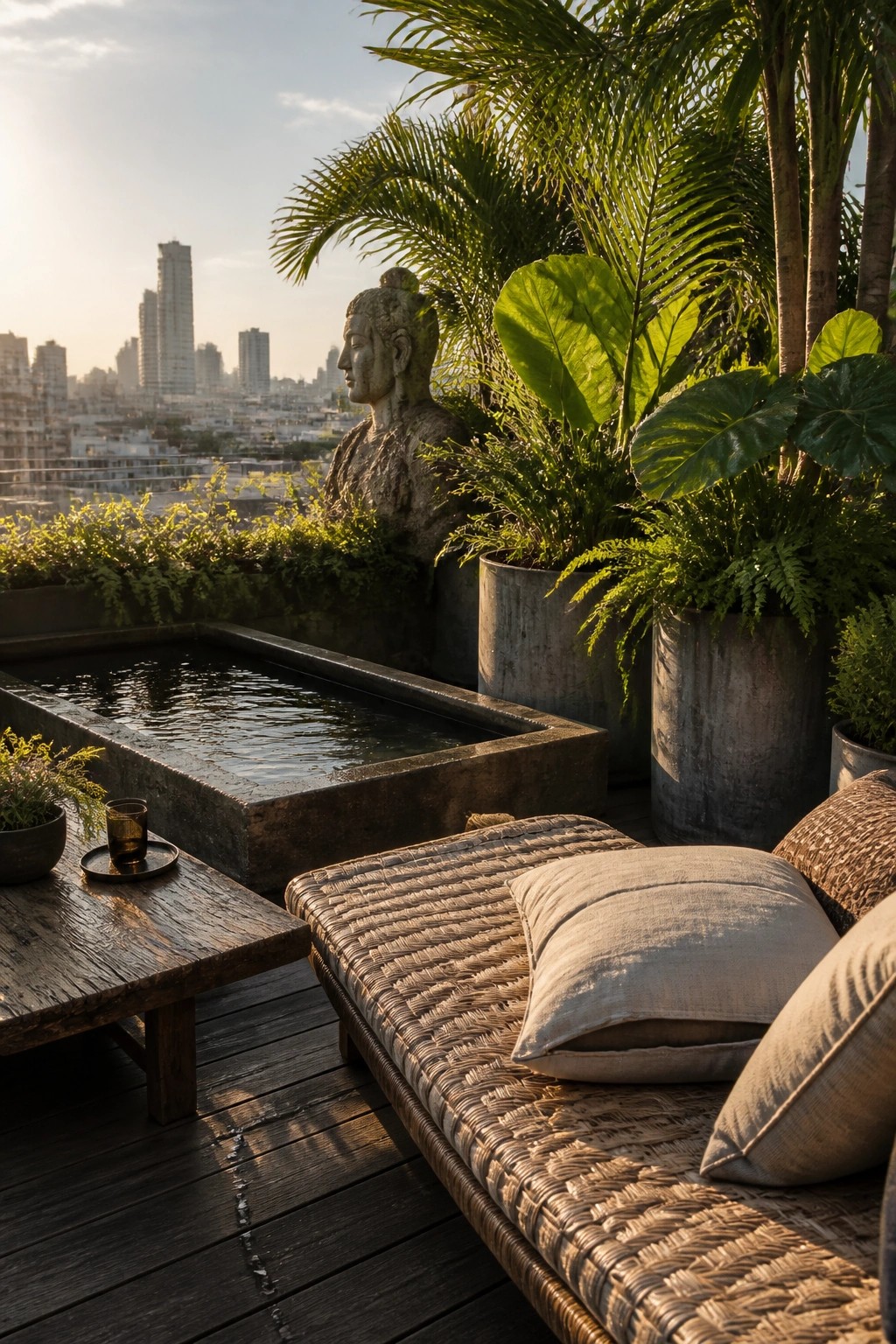 A rooftop terrace features a woven daybed with cushions, large potted tropical plants, a stone Buddha statue, and a rectangular water basin overlooking a city skyline at sunset.