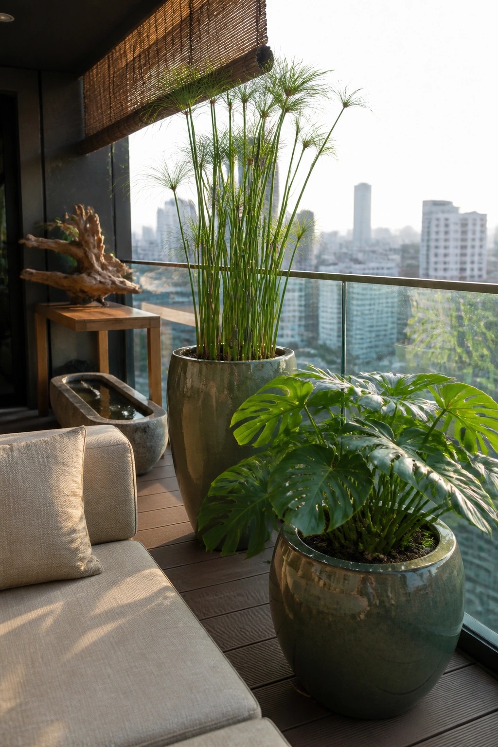 A modern balcony with large green ceramic pots holding tall papyrus plants and monstera, placed beside a cushioned sofa with a city skyline in the background.